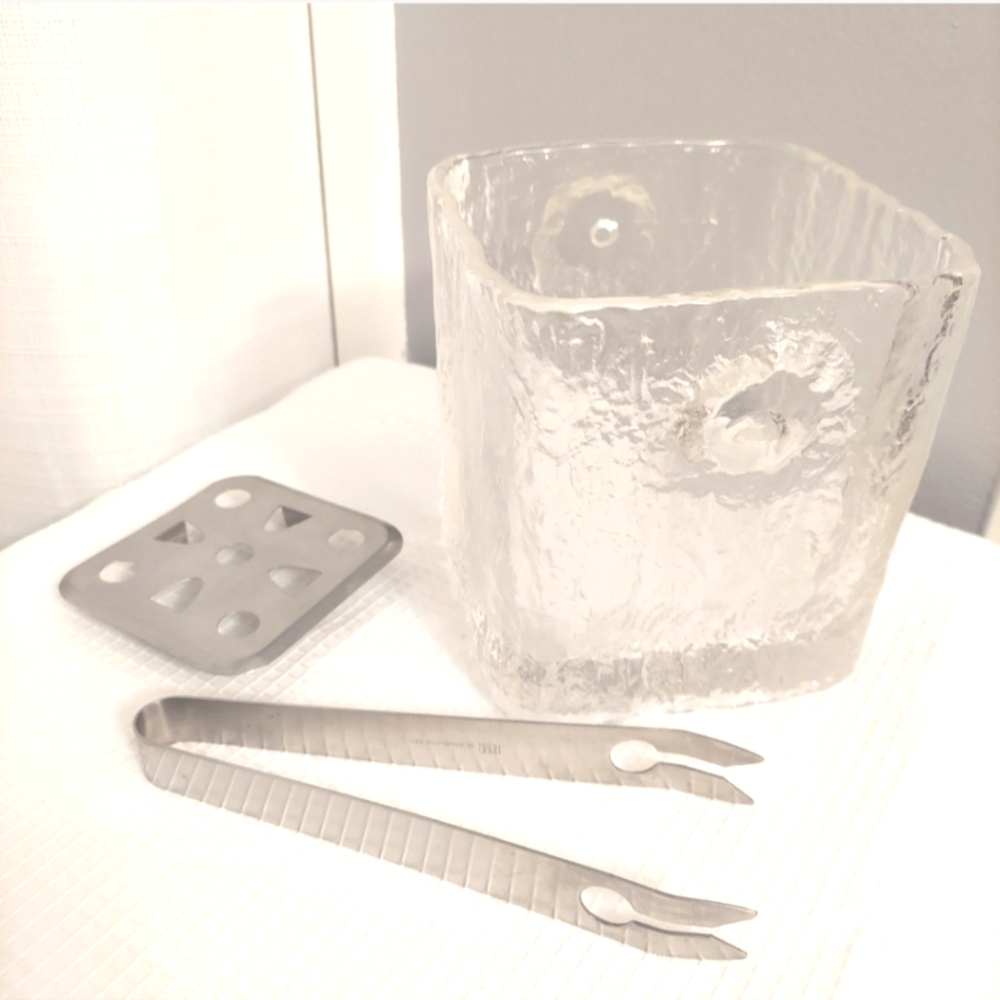 Vtg Hoya Glacier Ice Bucket Lemon Drink Relish Container Drain Tongs READ